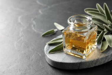 Bir şişe adaçayı yağı ve gri masa üzerinde bitki dalları, metin için yer
