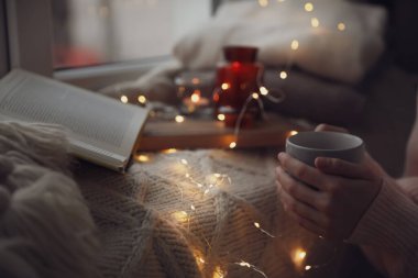 Elinde içki kitabı olan bir kadın pencerenin yanında kitap okuyor, yakın çekim. Sıcak mevsim