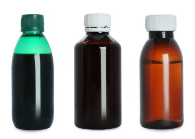 Beyaz arkaplanda öksürük şurubuyla ayarla