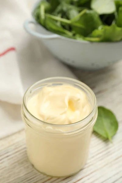 Jar Delicious Mayonnaise Fresh Spinach White Wooden Table — Stock Photo, Image