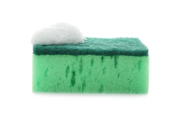 Beyaz Arka Planda Köpüklü Yeşil Temizlik Süngeri — Stok fotoğraf