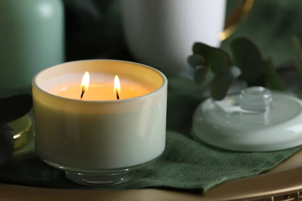 Beautiful Burning Candle Table Closeup Space Text — Stock Photo, Image