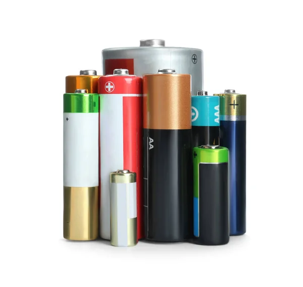 Viele Batterien Verschiedener Typen Auf Weißem Hintergrund — Stockfoto