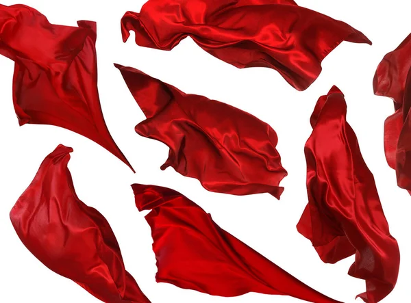 Set Mit Schönen Zarten Roten Seide Schwebend Auf Weißem Hintergrund — Stockfoto