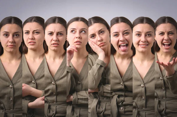 Junge Frau Die Verschiedene Emotionen Auf Hellgrauem Hintergrund Ausdrückt Collage — Stockfoto