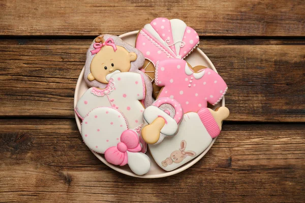 Cute Tasty Cookies Different Shapes Wooden Table Top View Baby — Stock Photo, Image