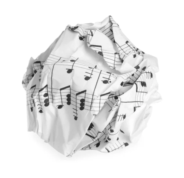 Folha Papel Amassada Com Notas Musicais Isoladas Sobre Branco — Fotografia de Stock