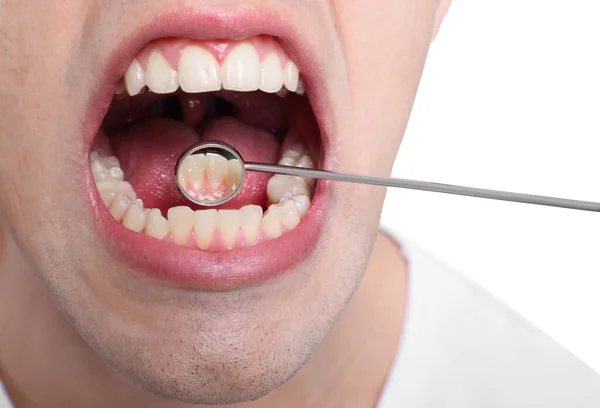 Examining Boy Teeth Gums Mirror White Background Closeup — Stock Photo, Image