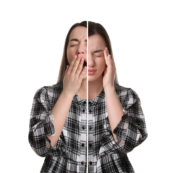 Ung Kvinna Som Uttrycker Olika Känslor Vit Bakgrund Collage Personlighetsbegrepp — Stockfoto