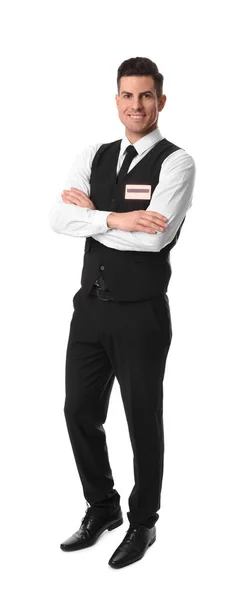 Full Length Portrait Happy Receptionist Uniform White Background — Stock Photo, Image