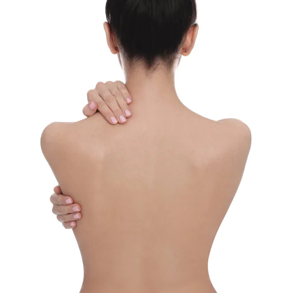 Back View Woman Perfect Smooth Skin White Background Closeup — Stock Photo, Image