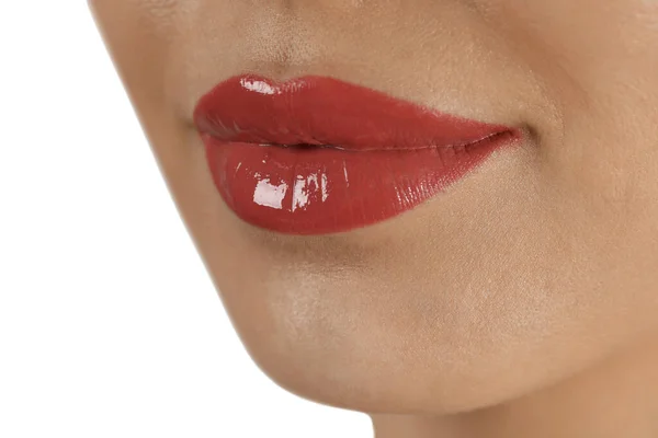 Wanita Muda Dengan Riasan Bibir Permanen Pada Latar Belakang Putih — Stok Foto