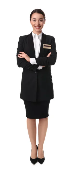 Full Length Portrait Happy Young Receptionist Uniform White Background — Stock Photo, Image