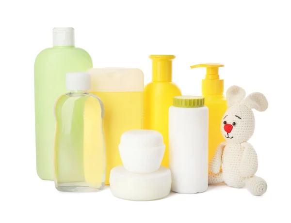 Set Con Diferentes Productos Cosméticos Para Bebés Polvo Para Espolvorear — Foto de Stock