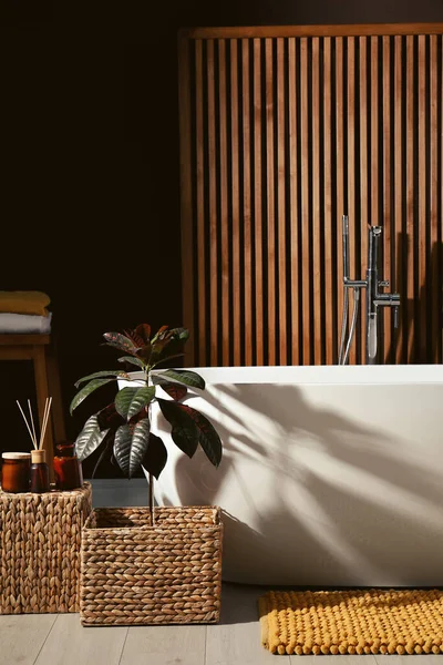 Interior Acolhedor Casa Banho Com Banheira Cerâmica Elegante — Fotografia de Stock