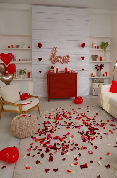 Acogedor Salón Decorado Para Día San Valentín — Foto de Stock