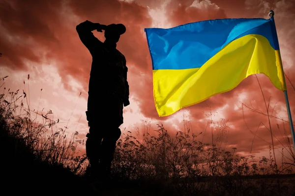 Stoppt Den Krieg Der Ukraine Silhouette Eines Soldaten Der Freien — Stockfoto