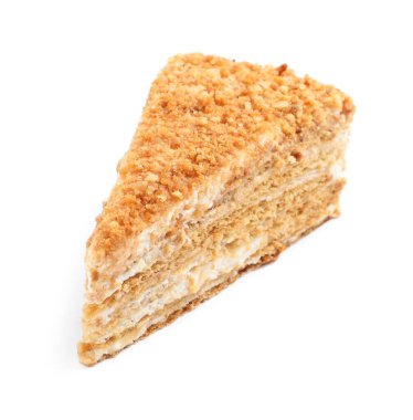 Beyaz üzerine izole edilmiş bir dilim lezzetli ballı pasta.