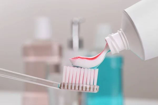 Applying Paste Toothbrush Mouthwash Closeup — Stock Photo, Image