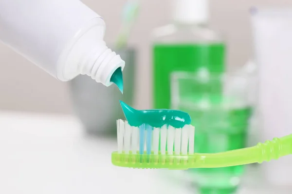 Applying Paste Toothbrush Mouthwash Closeup — Stock Photo, Image