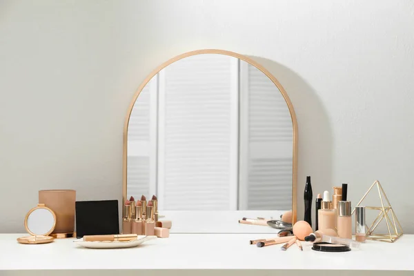 Stylish Mirror Dressing Table Cosmetic Products — Stock Photo, Image