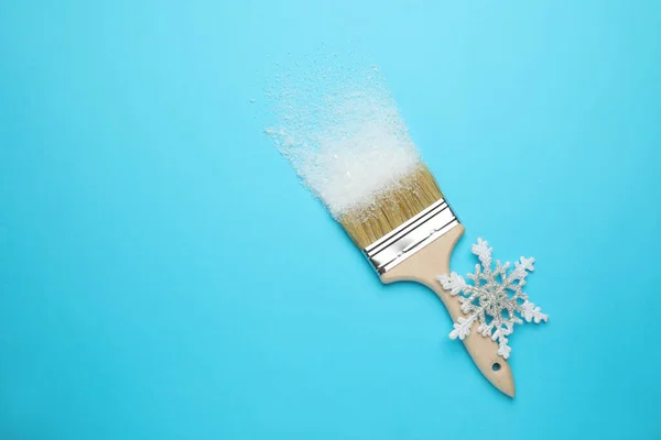 Brush Painting Artificial Snow Light Blue Background Top View Space — Stock Photo, Image