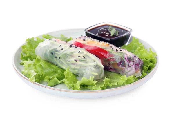 Assiette Avec Délicieux Rouleaux Enveloppés Dans Papier Riz Sauce Teriyaki — Photo