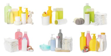 Beyaz arka planda bebek pudrası, diğer kozmetik ürünler ve aksesuarlar, pankart tasarımı