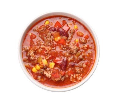 Lezzetli chili con carne beyaz arka planda, üstten görünüm ile kase