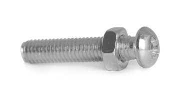 Beyaza izole edilmiş altıgen cevizli metal cıvata.
