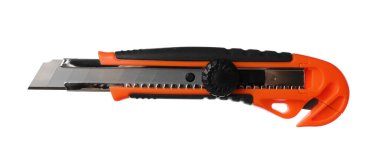 Beyaza izole edilmiş turuncu alet bıçağı. Yapı aracı