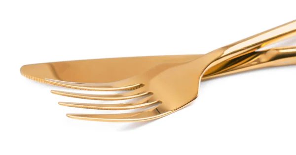 Golden Fork Knife White Background — Stock Photo, Image