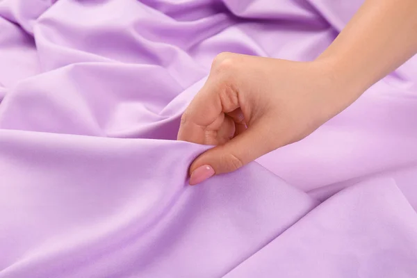 Woman Touching Delicate Violet Fabric Closeup View — Stock Photo, Image