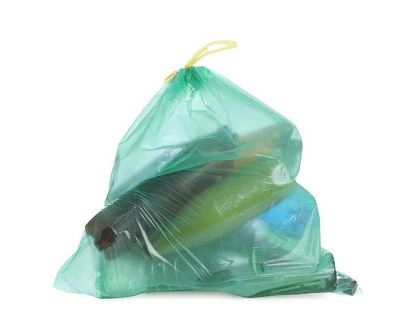 Full Green Garbage Bag Isolated White Rubbish Recycling — Stock Photo, Image