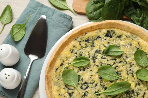 Delicious Homemade Spinach Pie Served White Wooden Table Flat Lay — Stock Photo, Image