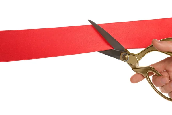 Man Cutting Red Ribbon White Background Closeup — Stock Photo, Image