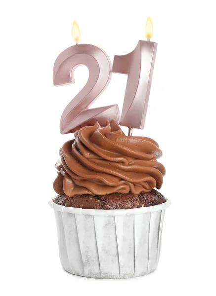 Köstlicher Cupcake Mit Zahlenförmigen Kerzen Auf Weißem Hintergrund Coming Age — Stockfoto