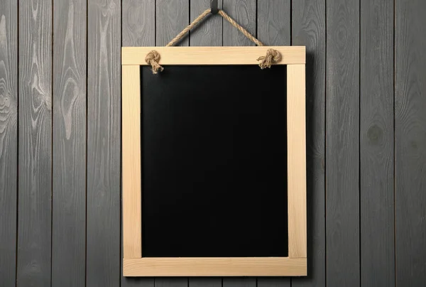 Clean Small Black Chalkboard Hanging Grey Wooden Wall — Stock Photo, Image
