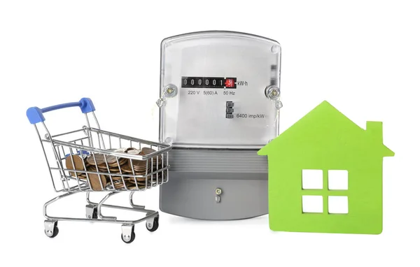 Electricity Meter House Model Small Shopping Cart Coins White Background — Stock Photo, Image