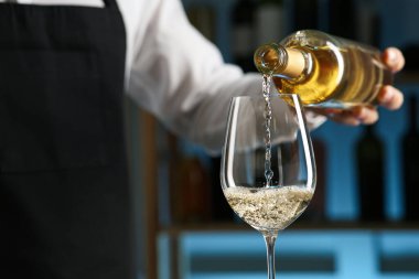Barmen restoranda bardağa şarap dolduruyor.