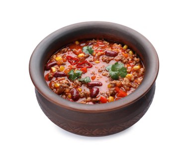 Lezzetli chili con carne beyaz arka plan üzerinde ile kase