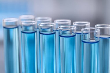 Reaktörlü test tüpleri bulanık arka planda, yakın plan. Laboratuvar analizi