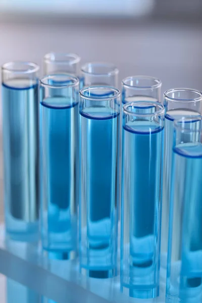 Test Tubes Reagents Rack Blurred Background Closeup Laboratory Analysis — Stock Photo, Image