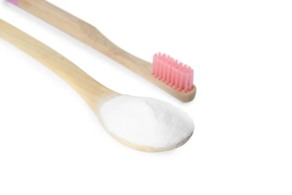 Bamboo Toothbrush Wooden Spoon Baking Soda White Background — Stock Photo, Image