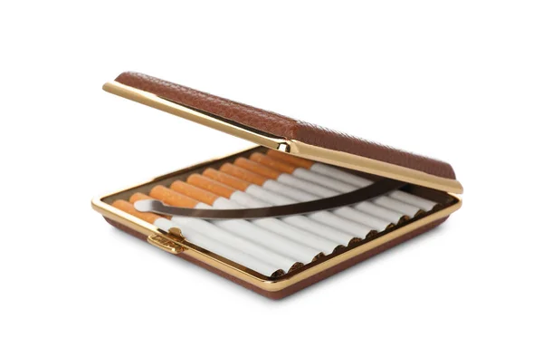 Estuche Elegante Con Cigarrillos Aislados Blanco — Foto de Stock