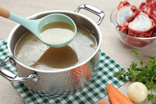 Delicious Homemade Bone Broth Ingredients Wooden Table — Stock Photo, Image