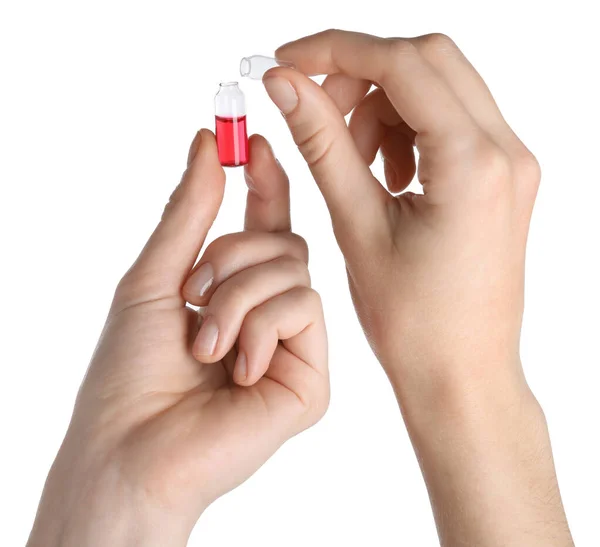 Γυναίκα Άνοιγμα Γυάλινη Φύσιγγα Φαρμακευτικό Προϊόν Λευκό Φόντο Closeup — Φωτογραφία Αρχείου