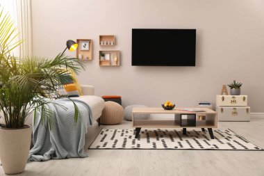Modern TV, rahat kanepe ve dekorasyon malzemeleri oturma odasında.