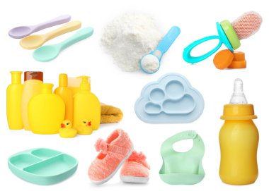 Beyaz arkaplandaki bebek için farklı malzemelerle ayarlandı