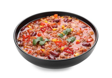 Lezzetli chili con carne beyaz arka plan üzerinde ile kase